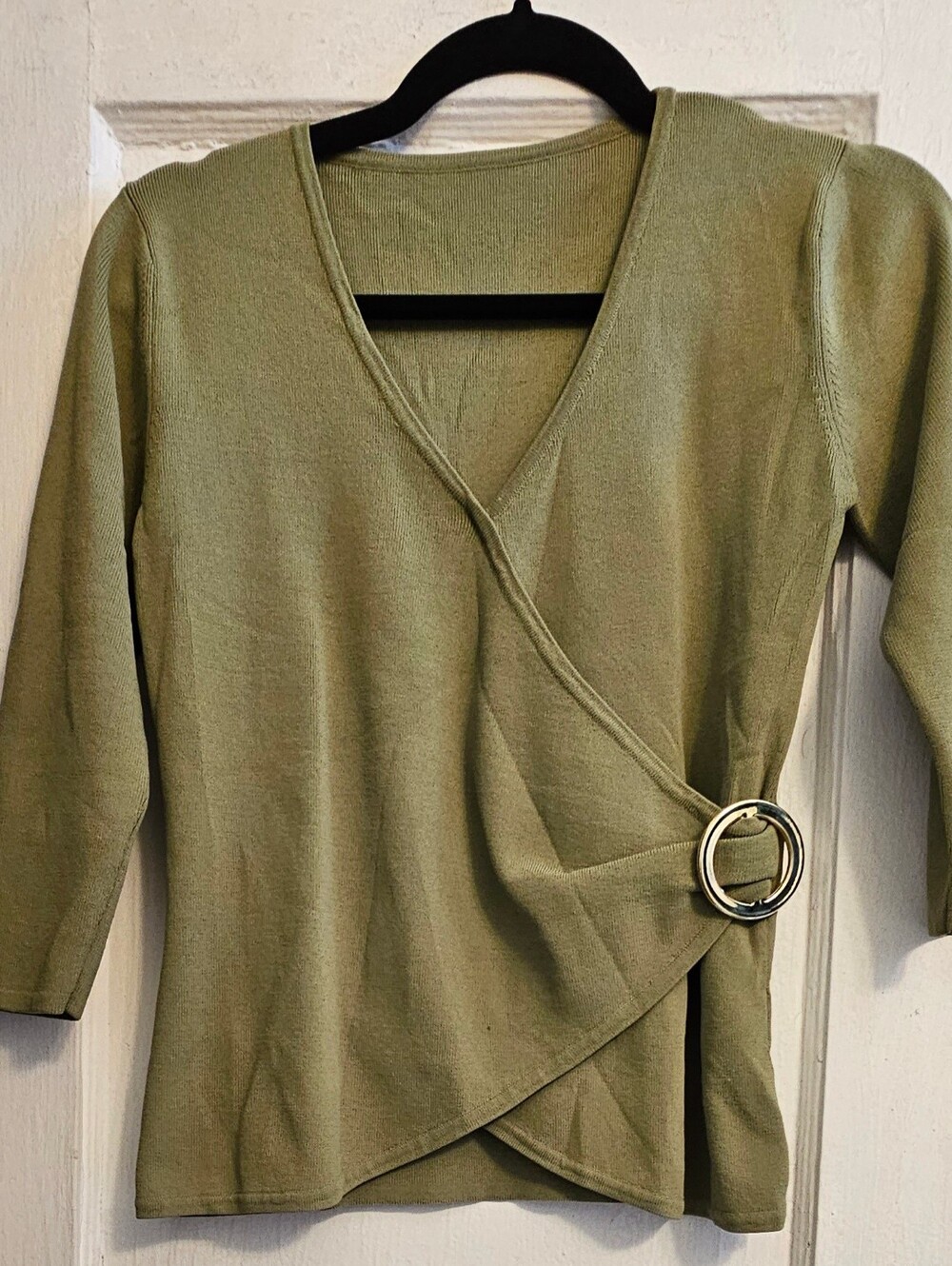 Worthington- Olive Wrap Top with Gold  Buckle Detail